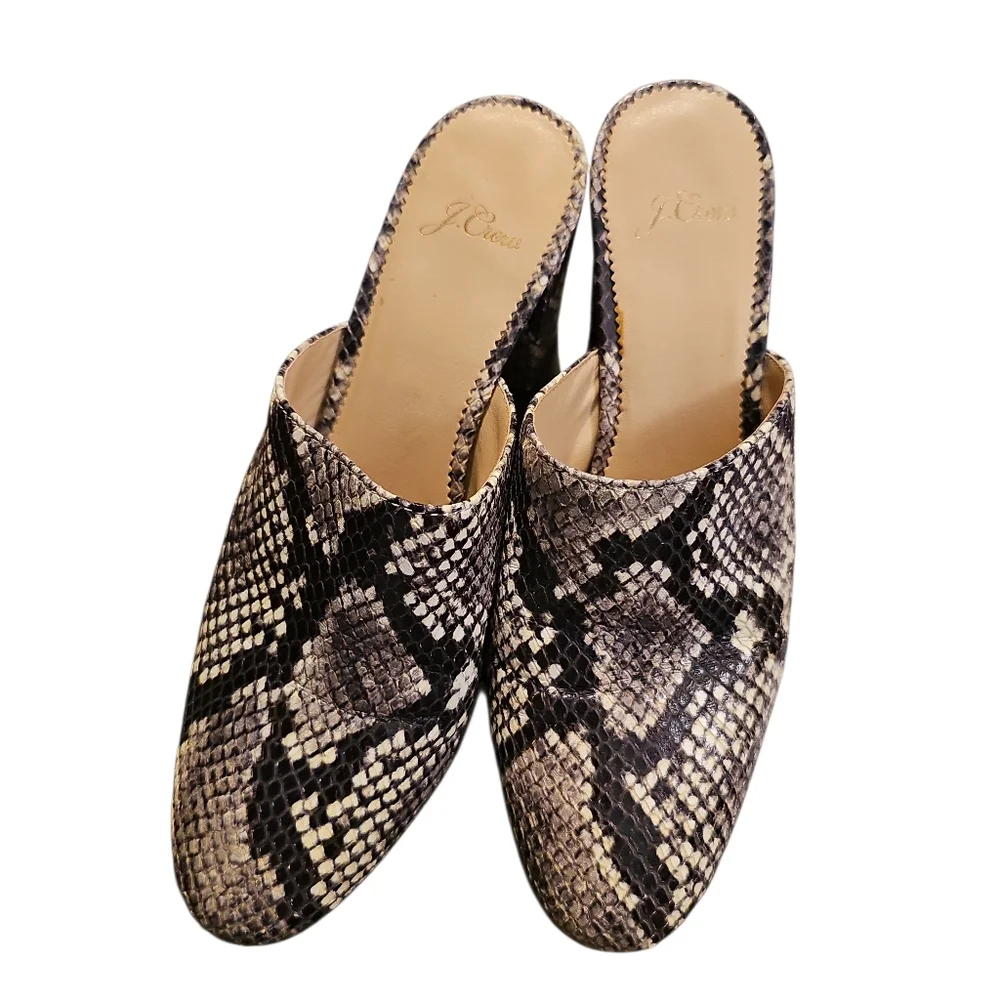 J. Crew Sophia Snakeskin Patterned Block Heel Mules Sz 7.5 Gray Black